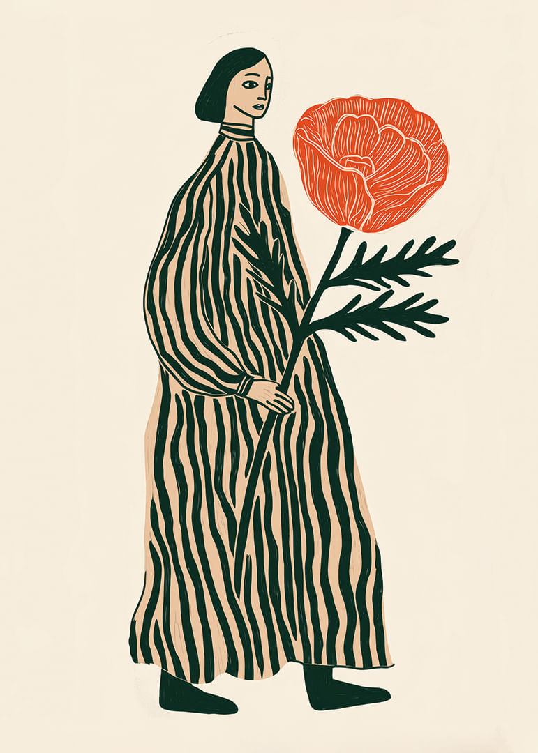 Una figura soñadora con una gran flor roja en la mano-12