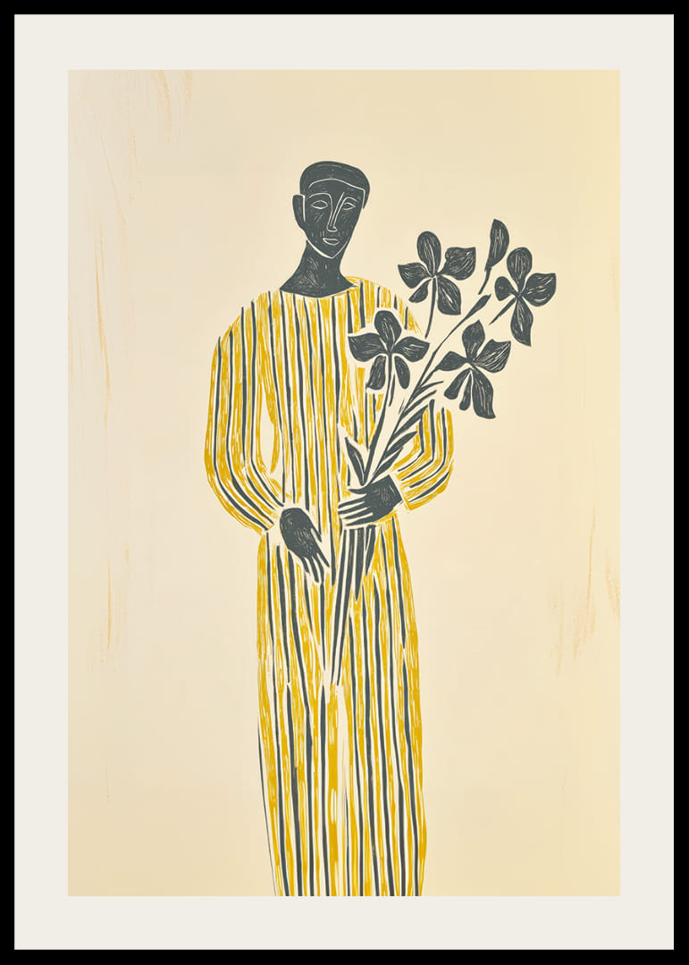 En mystisk figur i gult håller lugnt en blomsterkvist-12