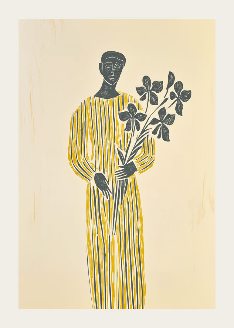 En mystisk figur i gult håller lugnt en blomsterkvist-12