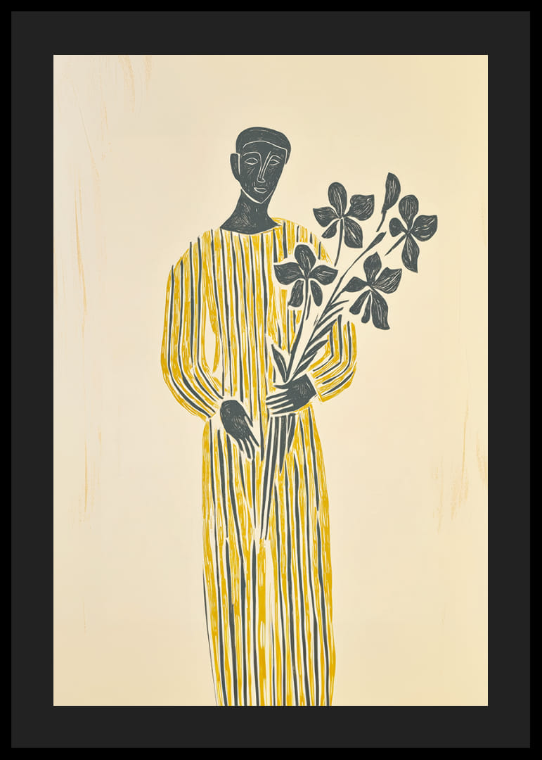 En mystisk figur i gult håller lugnt en blomsterkvist-12