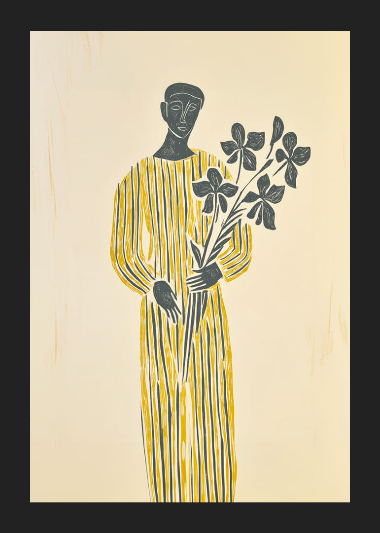 En mystisk figur i gult håller lugnt en blomsterkvist-12