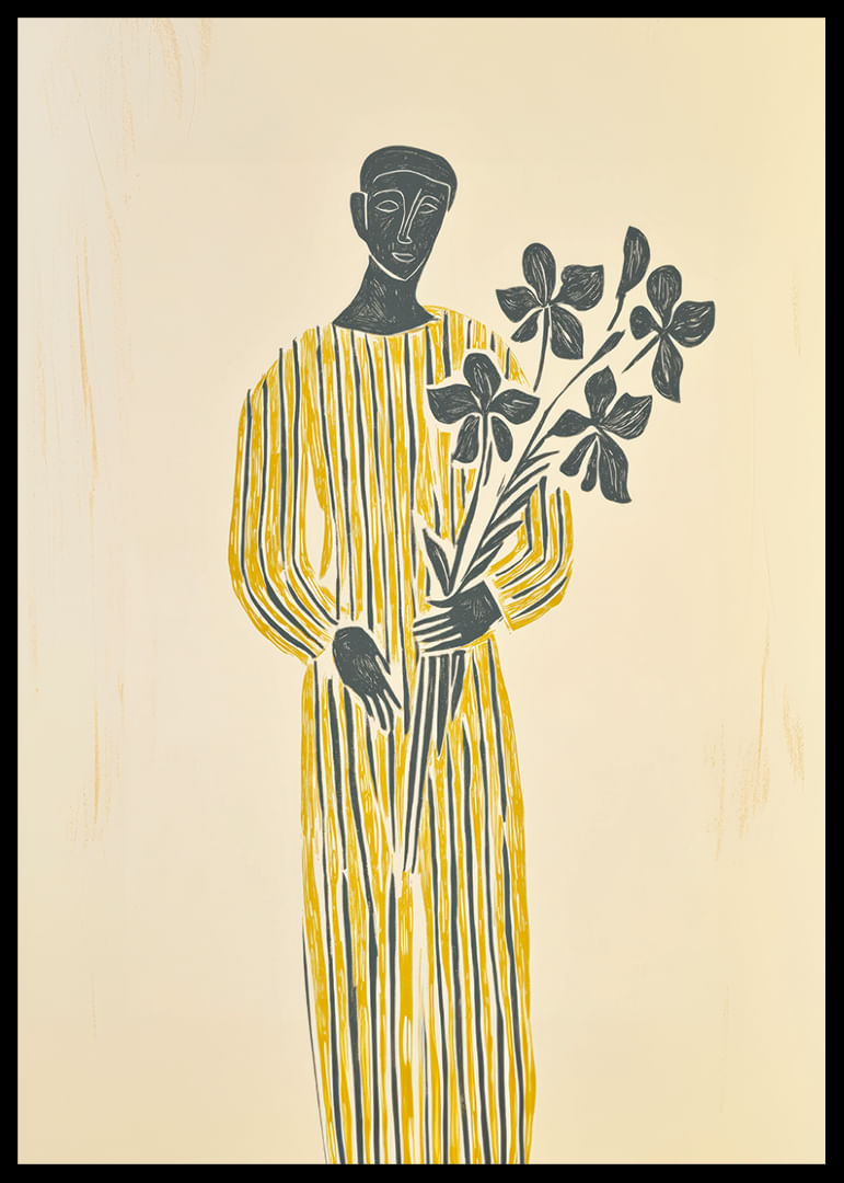 Una misteriosa figura vestida de amarillo sostiene con calma una rama de flores.-12