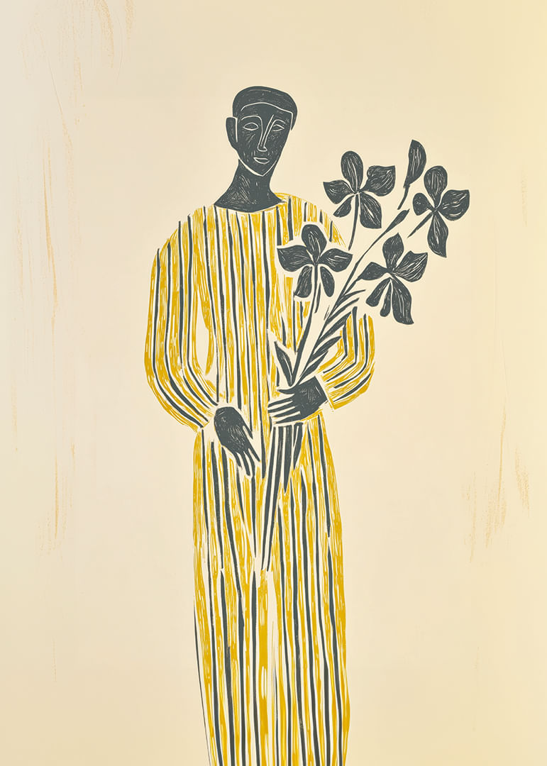 Una misteriosa figura vestida de amarillo sostiene con calma una rama de flores.-12