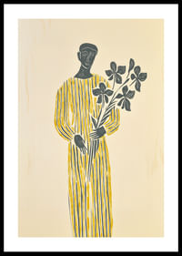 Una misteriosa figura vestida de amarillo sostiene con calma una rama de flores.-0