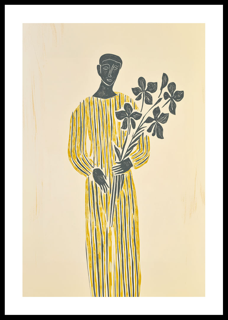 Una misteriosa figura vestida de amarillo sostiene con calma una rama de flores.-12