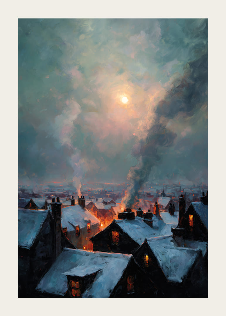 A winter city bathed in warm light under a mysterious sky-12