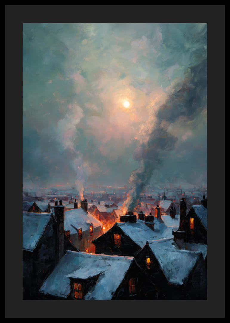 A winter city bathed in warm light under a mysterious sky-12