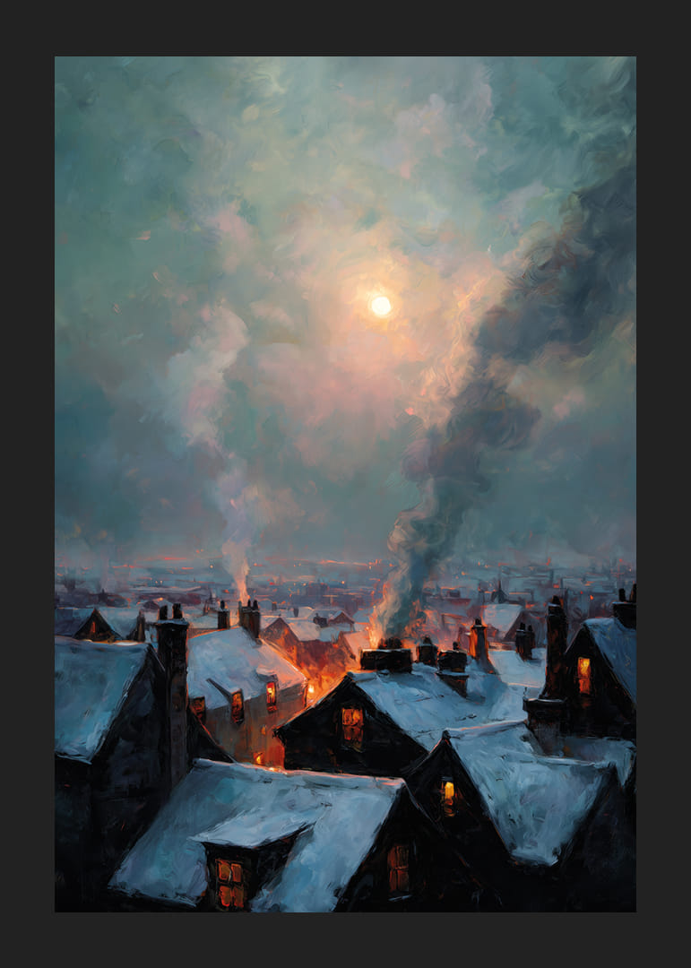A winter city bathed in warm light under a mysterious sky-12
