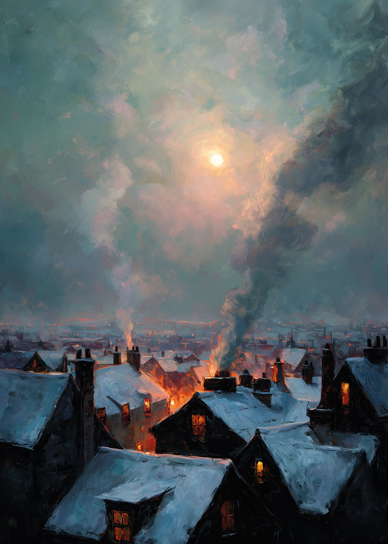 A winter city bathed in warm light under a mysterious sky-12