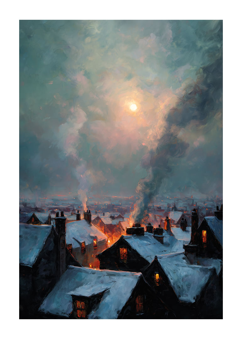 A winter city bathed in warm light under a mysterious sky-12