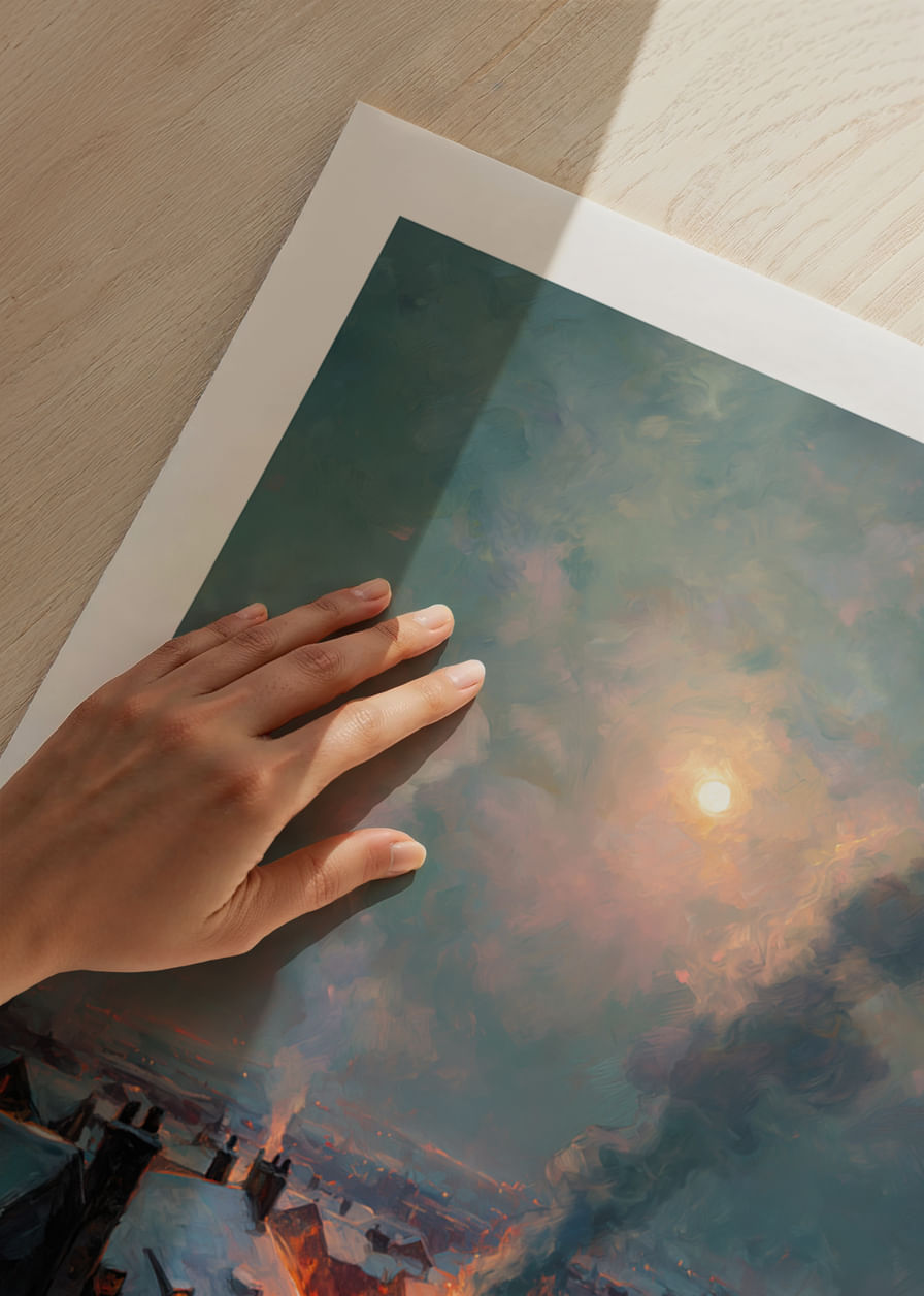 A winter city bathed in warm light under a mysterious sky-12