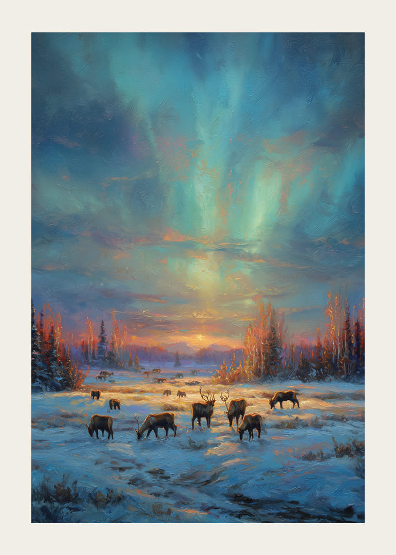 Reindeer grazing in the winter forest with the northern lights in the sky-12