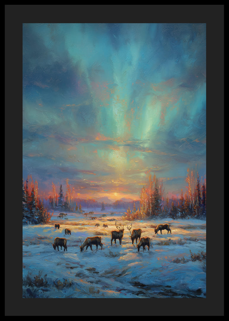 Reindeer grazing in the winter forest with the northern lights in the sky-12