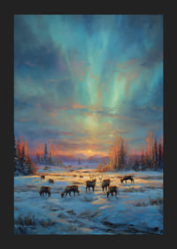 Reindeer grazing in the winter forest with the northern lights in the sky-5
