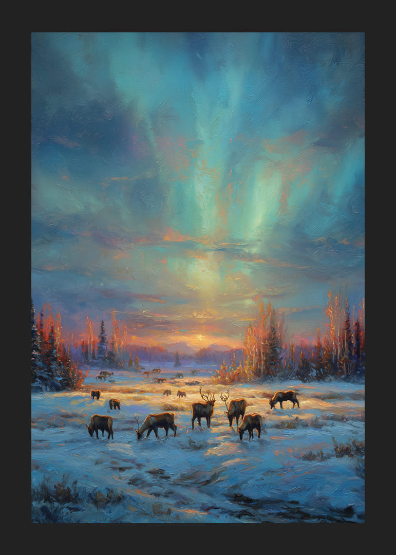 Reindeer grazing in the winter forest with the northern lights in the sky-12