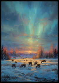 Renarna betar i vinterskogen med himlens norrsken-2