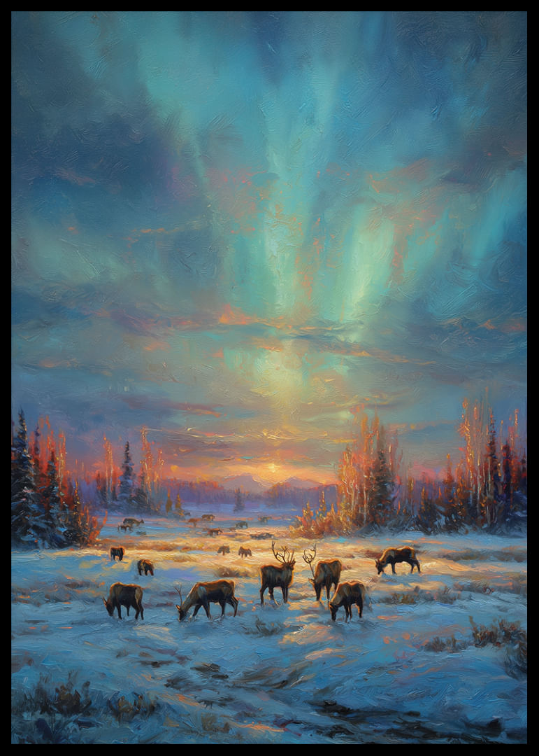 Renarna betar i vinterskogen med himlens norrsken-12