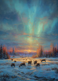 Renarna betar i vinterskogen med himlens norrsken-3