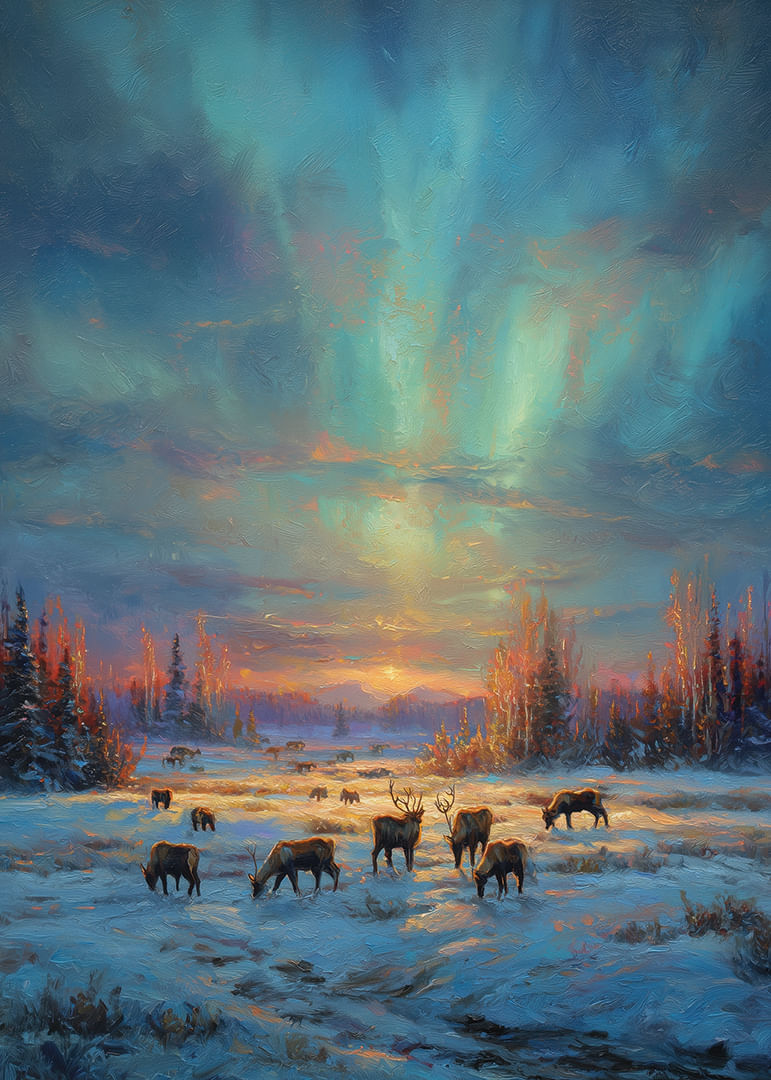 Renarna betar i vinterskogen med himlens norrsken-12