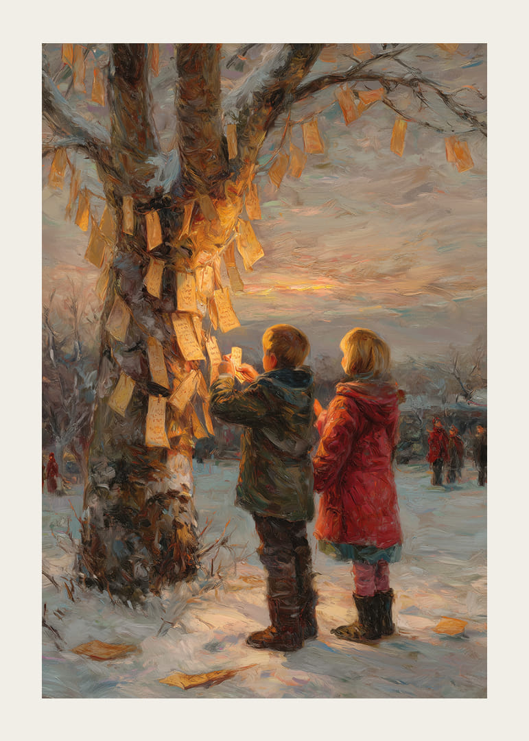 Children hang wishes on winter trees at sunset-12