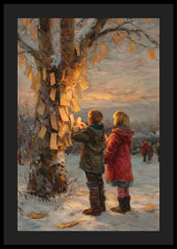 Kinderen hangen wensen aan winterbomen bij zonsondergang-4