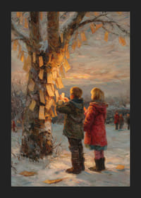 Children hang wishes on winter trees at sunset-5