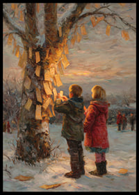 Kinderen hangen wensen aan winterbomen bij zonsondergang-6