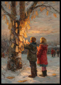 Children hang wishes on winter trees at sunset-2