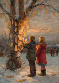 Children hang wishes on winter trees at sunset-3