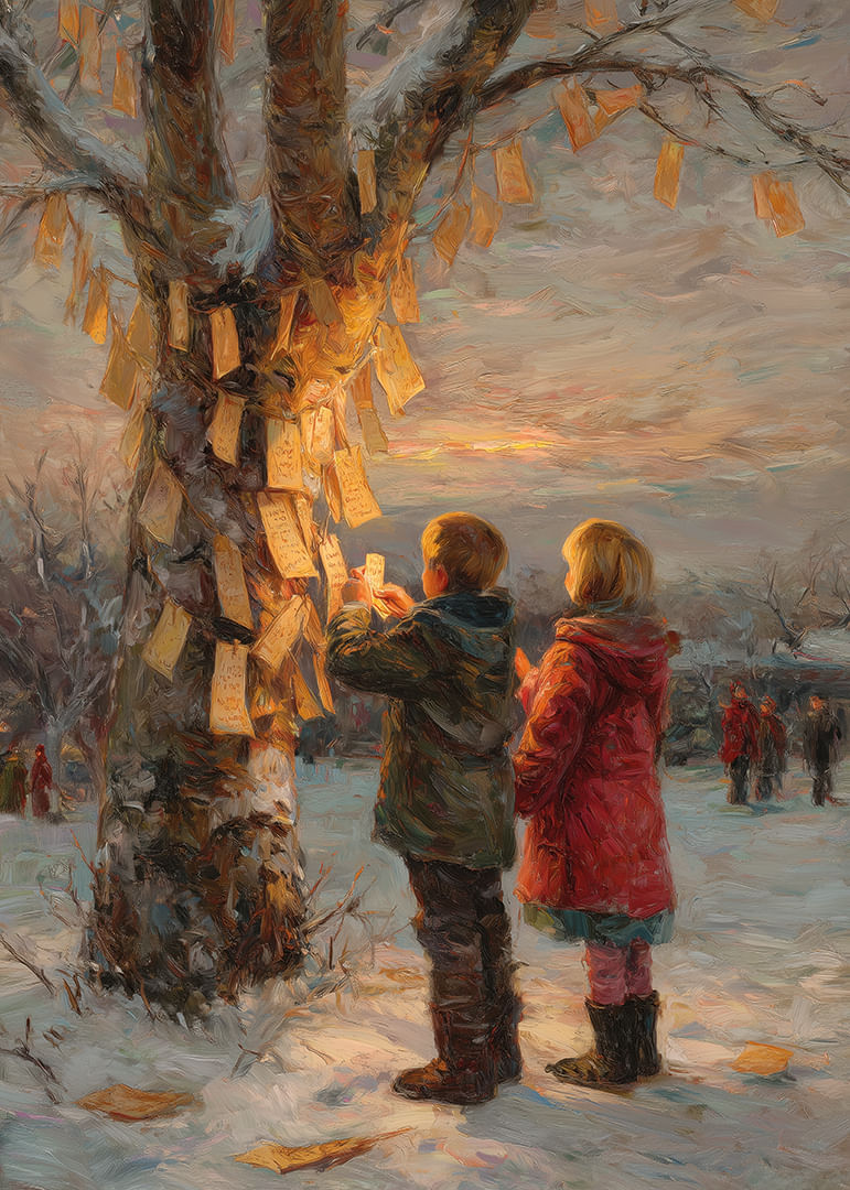 Children hang wishes on winter trees at sunset-12