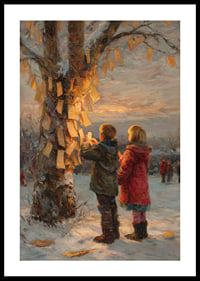Kinderen hangen wensen aan winterbomen bij zonsondergang-0