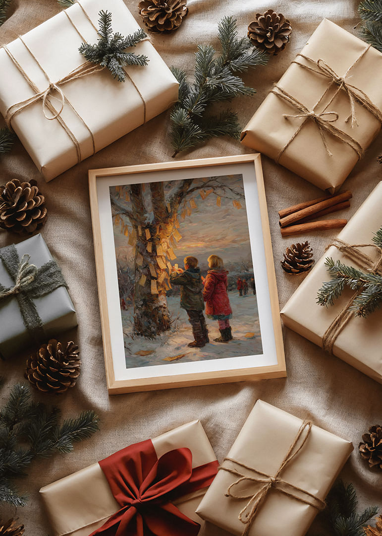 Children hang wishes on winter trees at sunset-12