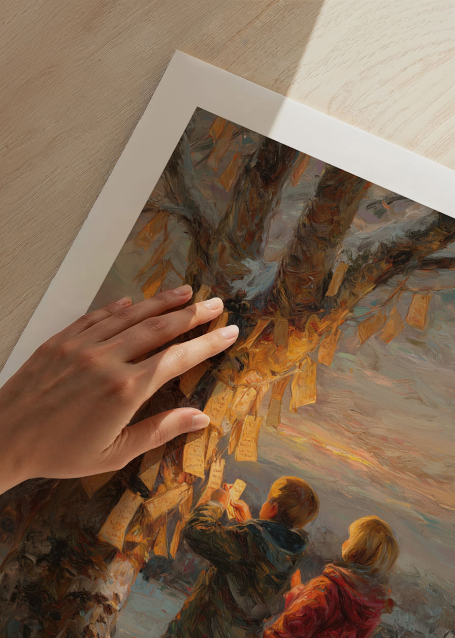 Children hang wishes on winter trees at sunset-12