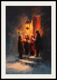 Kinderen zingen onder het warme licht van een lantaarn op een winternacht-2