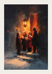 Kinderen zingen onder het warme licht van een lantaarn op een winternacht-3