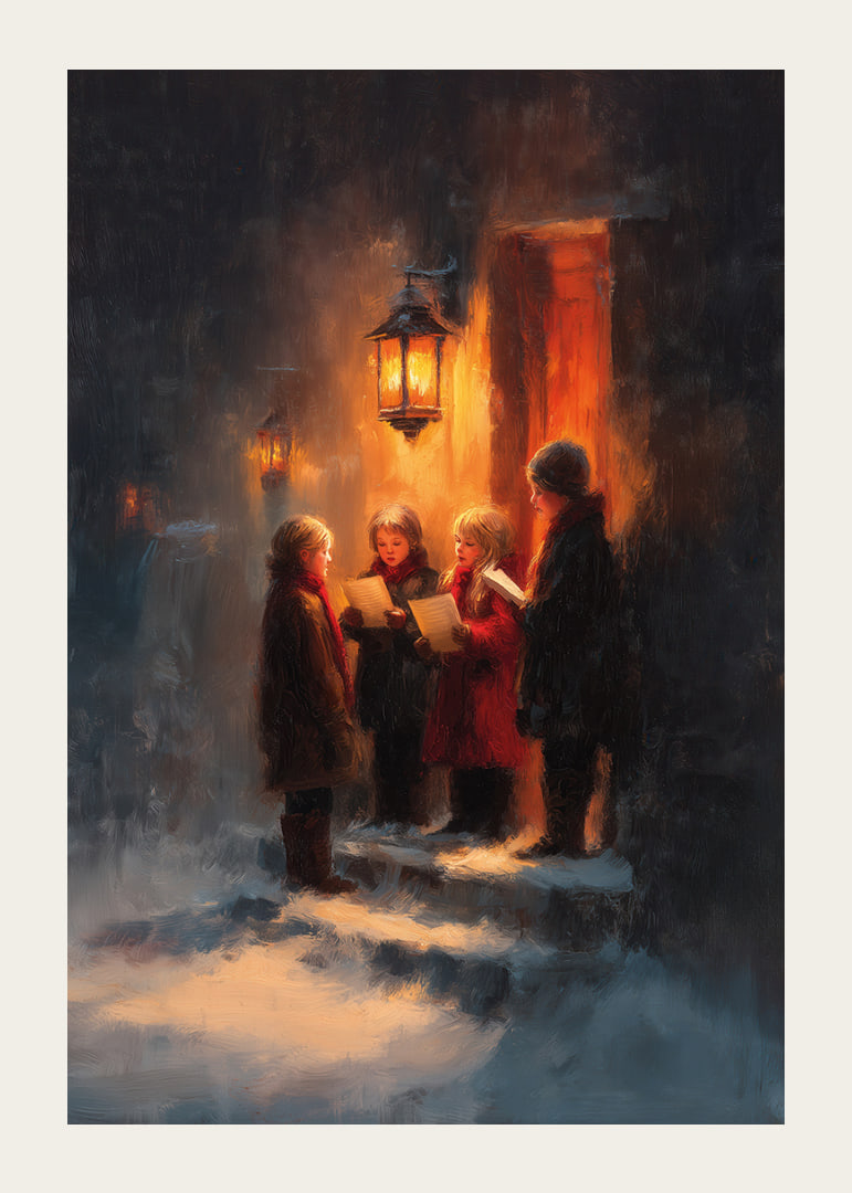 Kinderen zingen onder het warme licht van een lantaarn op een winternacht-12