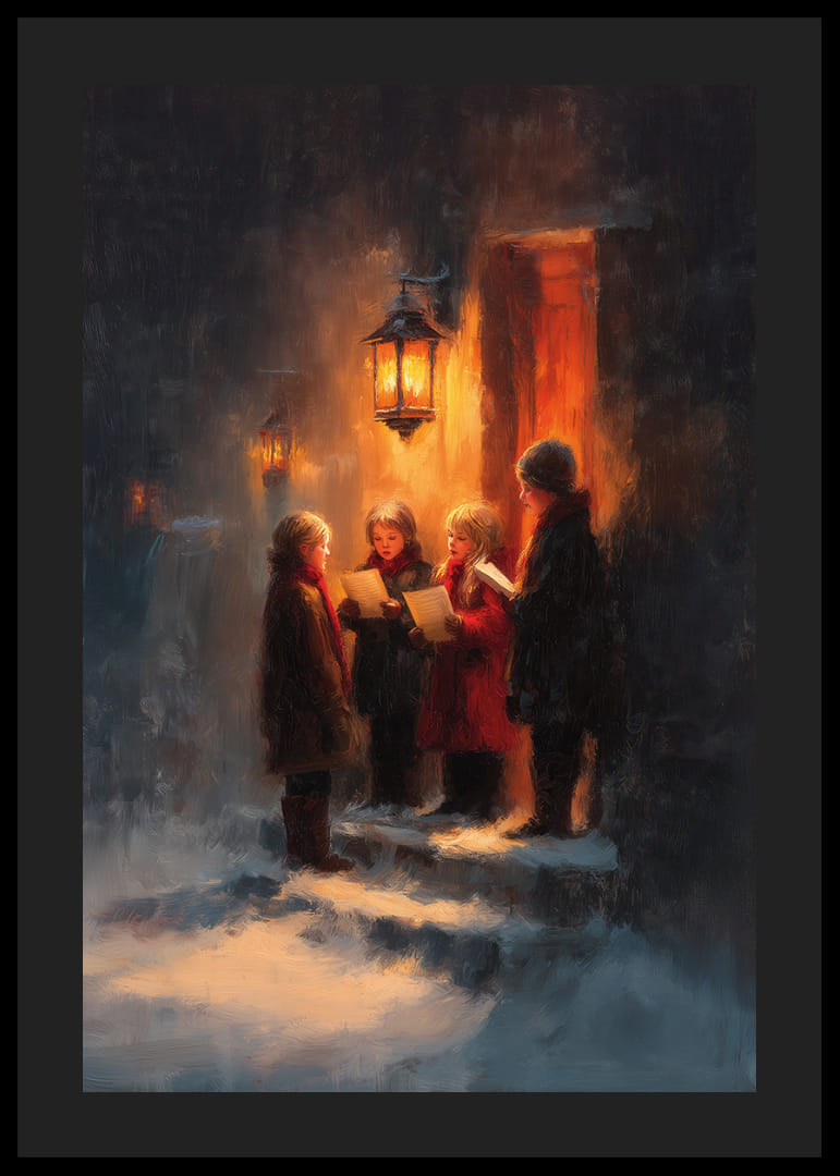 Children sing under the warm glow of a lantern on a winter night-12