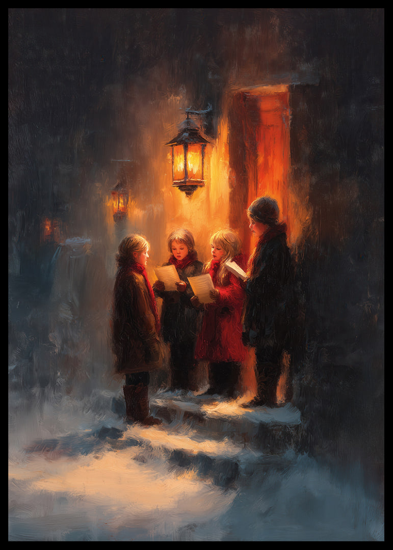 Kinderen zingen onder het warme licht van een lantaarn op een winternacht-12