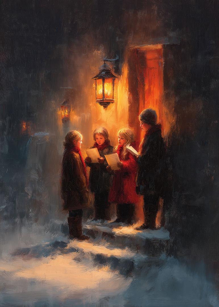 Barn sjunger under en lyktas varma sken i vinternatten-12