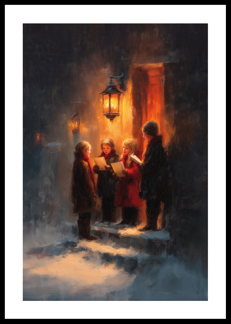 Kinderen zingen onder het warme licht van een lantaarn op een winternacht-12