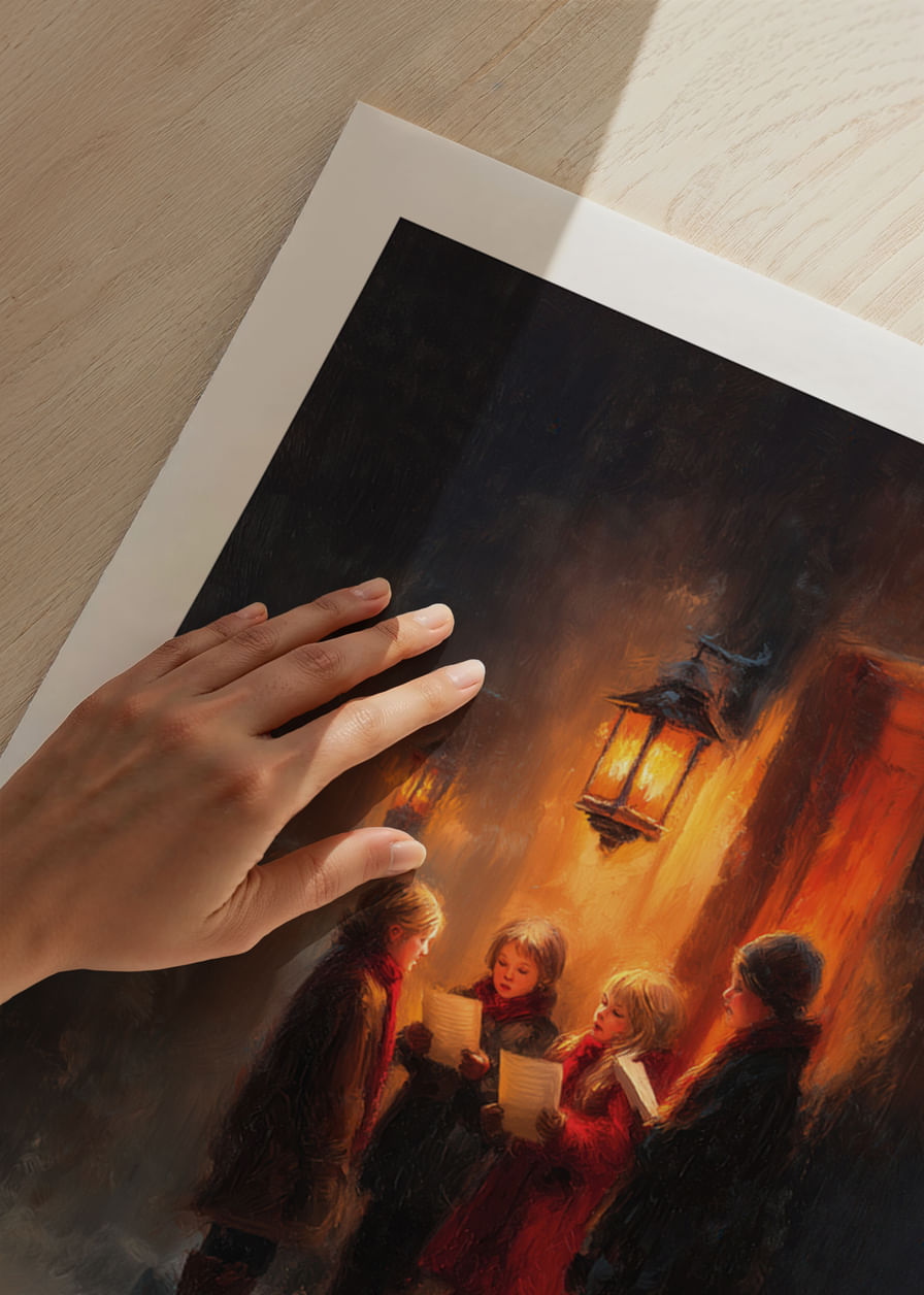 Barn sjunger under en lyktas varma sken i vinternatten-12