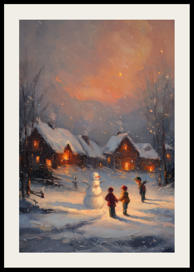 Children building a snowman in a winter landscape at dusk-12