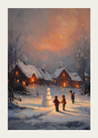 Des enfants construisent un bonhomme de neige dans un paysage hivernal au crépuscule-3
