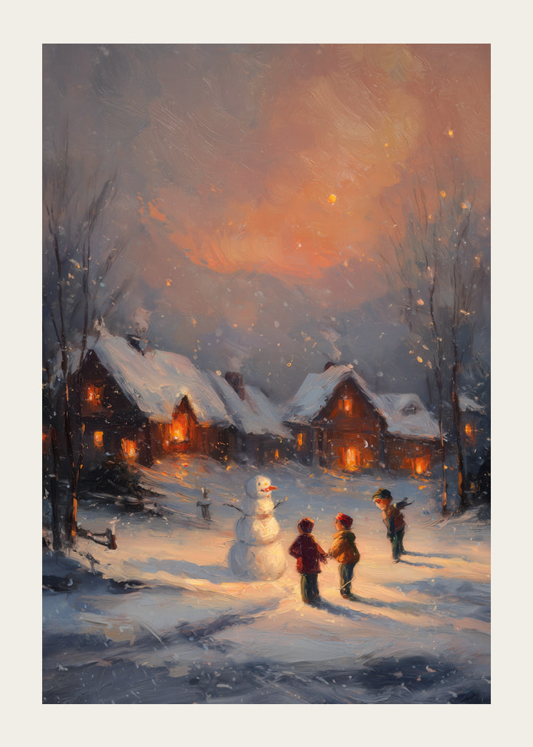 Des enfants construisent un bonhomme de neige dans un paysage hivernal au crépuscule-12