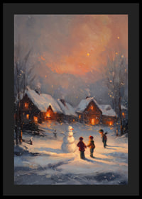 Des enfants construisent un bonhomme de neige dans un paysage hivernal au crépuscule-4