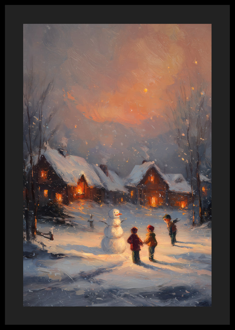 Des enfants construisent un bonhomme de neige dans un paysage hivernal au crépuscule-12