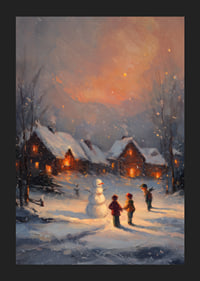 Des enfants construisent un bonhomme de neige dans un paysage hivernal au crépuscule-5