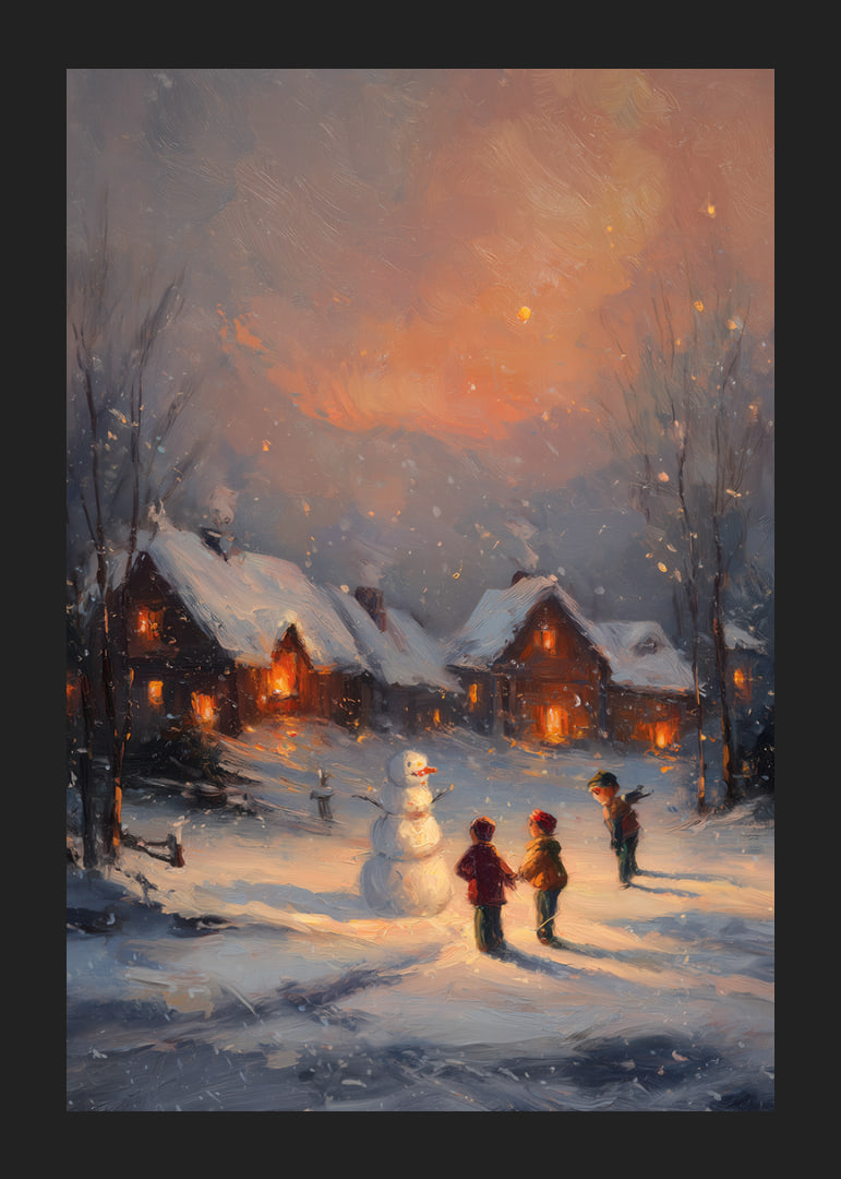 Des enfants construisent un bonhomme de neige dans un paysage hivernal au crépuscule-12
