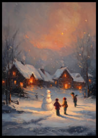 Barn bygger en snögubbe i ett vinterlandskap vid skymning-2