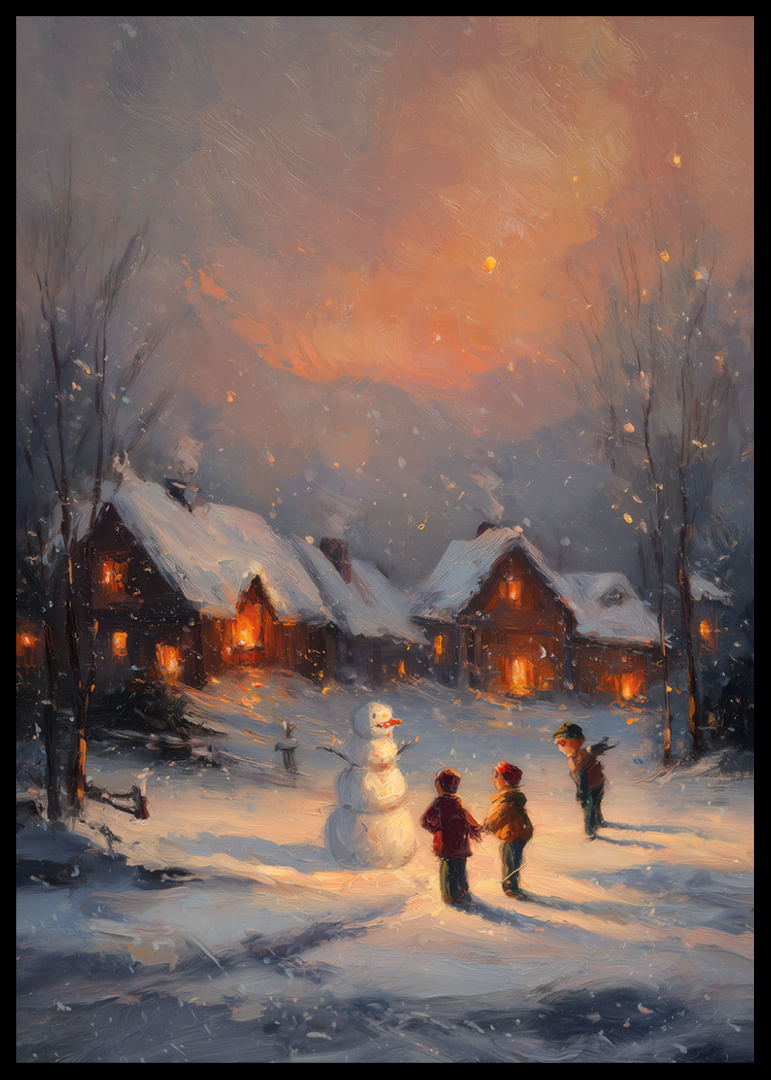 Barn bygger en snögubbe i ett vinterlandskap vid skymning-12